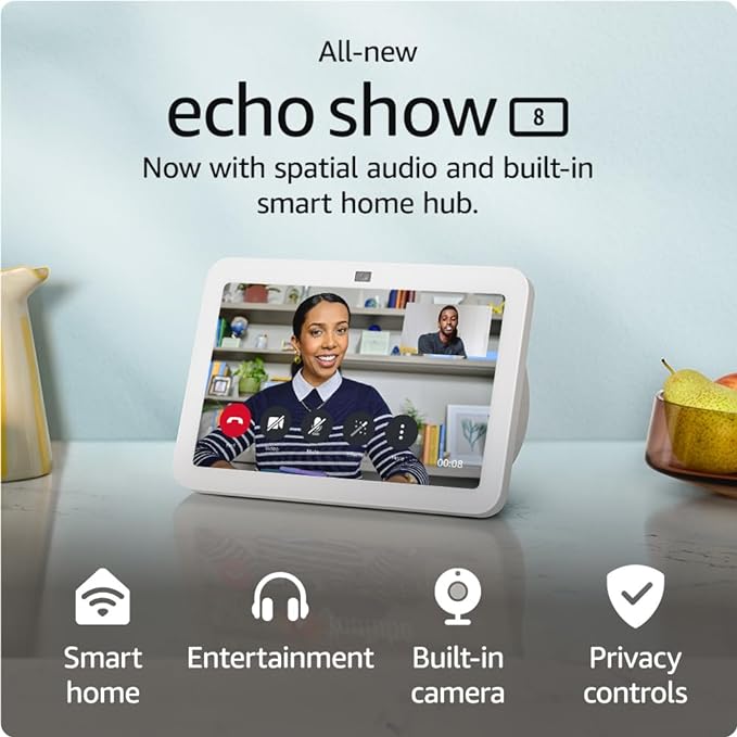 All-new Echo Show 8 | 3rd generation (2023 release), HD smart touchscreen with spatial audio, smart home hub and Alexa, Glacier White