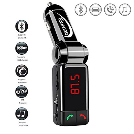 iSunnao Wireless In-Car Bluetooth FM Transmitter - 5V 2-Port USB Car Charging - Perfect for Apple, Samsung, HTC, LG or Other Smartphone and Tablet (Black - BC06)