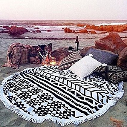 Cotton Thick Round Beach Towel - GreForest Ultra Thick Circle Towel With Tassels Heat Insulation Circle Beach Towels For Beach Leisure, Swimming, Bathing, Picnic / Yoga Mat, Tablecloth(White & Black)