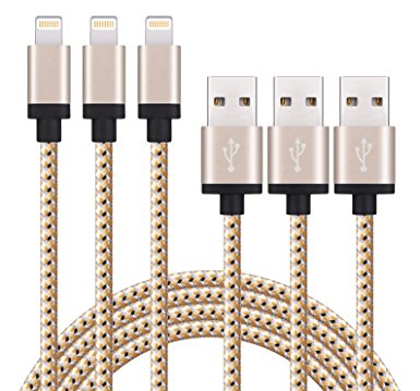 Sundix xi-33-cable iPhone Charger, Nylon Braided iPhone Cable Lightning to USB Cord, Compatible with iPhone 7/ 7Plus/ SE/ 6s/ 6 /6 Plus/ 6s Plus/ 5s/ 5c/ 5/ iPad Air/ Mini/ iPod Nano/ Touch - Golden - 3 Piece