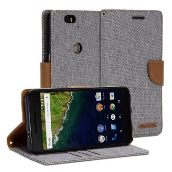 Nexus 6P Case, GMYLE Wallet Case Classic for Google Huawei Nexus 6P - Aluminium Grey & Deer Brown PU Leather Slim Stand Case Cover