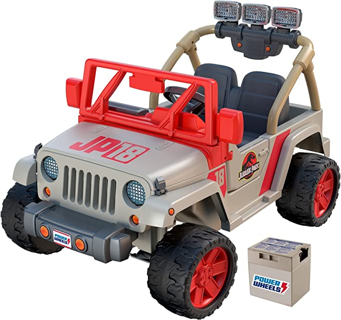 Fisher-Price Power Wheels Jurassic Park Jeep Wrangler Ride-On Vehicle with Extra Rechargeable 12-V Battery for Kids Ages 3 Years and Up