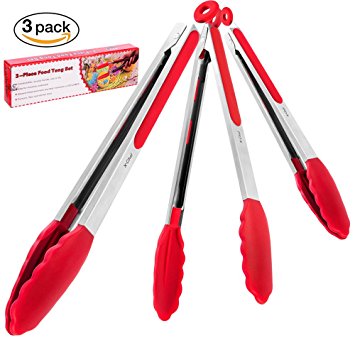 Silicone Tipped Tongs, X-Chef Set of 3 Heat Resistant Stainless Steel Kitchen Tongs with Silicone Tips & Locking Design for Cooking BBQ Grilling Frying Salad Bacon, Red (7, 9 & 12 Inch),