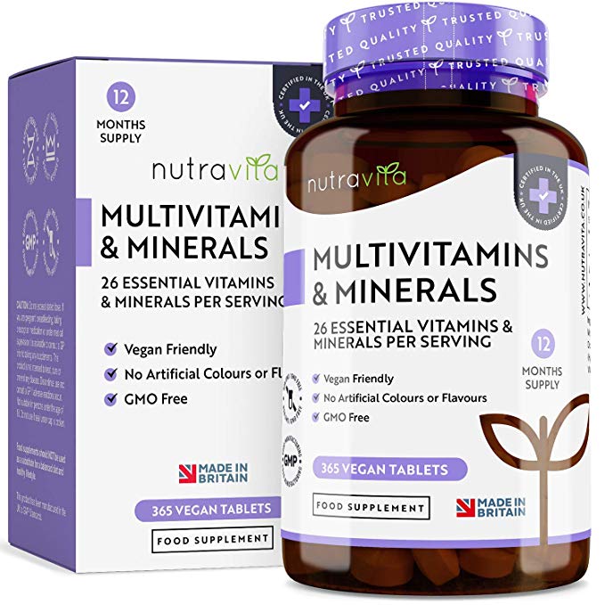Multivitamins & Minerals | 365 Vegan Multivitamin Tablets (1 Year Supply) with 26 Essential Active Vitamins & Minerals | Multivitamin Tablets for Men and Women | Made in the UK by Nutravita