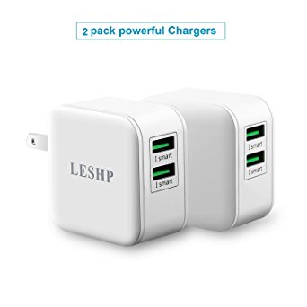 Wall charger, LESHP 2-PACK Dual 3.1A 15W USB Travel Wall Charger with SmartID Technology, Foldable Plug for iPhone iPad, Samsung Galaxy, HTC Nexus Moto Blackberry, Bluetooth Speaker & Power Bank