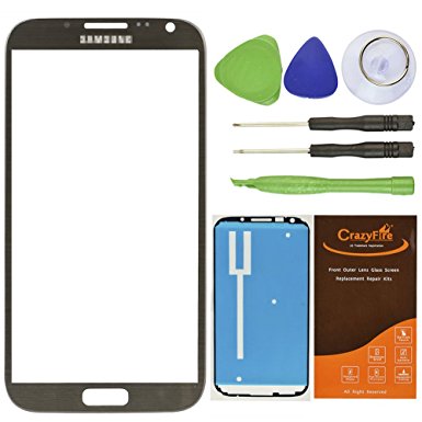 CrazyFire® Titanium Gray New Front Outer Glass Lens Screen Replacement For Samsung Galaxy Note II Note2 N7100 I317 L900 T889 I605 R950 Adhesive Tape Tools Kit