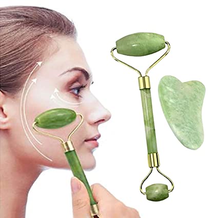Jade Roller & Gua Sha Skin Scraper Natural Facial Set with Facial Stone and Roller for Firming Face, 100% Natural Jade Stone Face Roller Anti-Aging, Puffy Eyes Massager, Neck, Anti Wrinkle (Green)