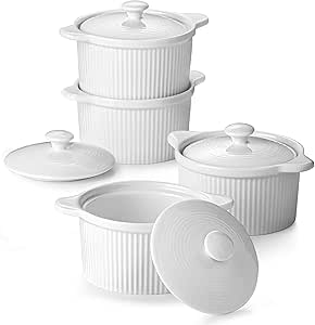 DOWAN 10 oz Ramekins with Lids Oven Safe, Porcelain White Ramekins for Creme Brulee, Souffle Dish, Stackable Ramekins with Cover and Handle for Baking, Set of 4, White