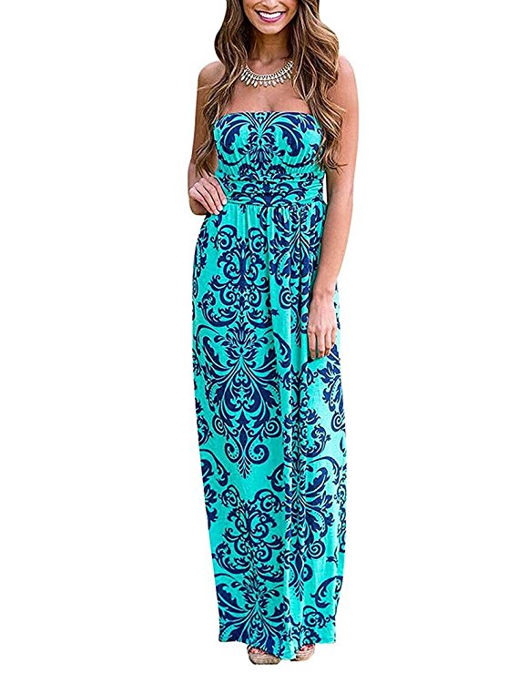 YIHUAN Women's Strapless Wrapped Chest Floral Print Maxi Dress