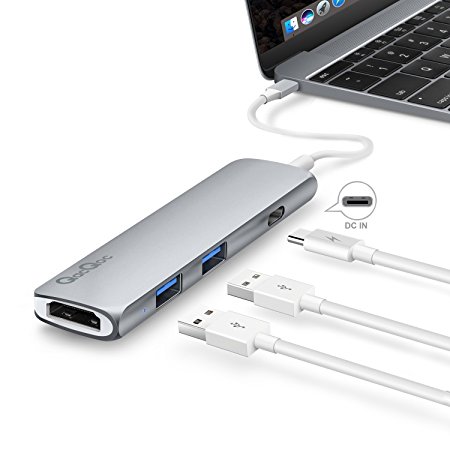 Type-C Multi-Port Hub Adapter, USB-C Hub with Power Delivery 2 SuperSpeed USB 3.0 Ports 1 HDMI Port 1 USB-C Input Charging Port with PD Specification for MacBook 12-Inch, Aluminum Alloy Build (Gray)