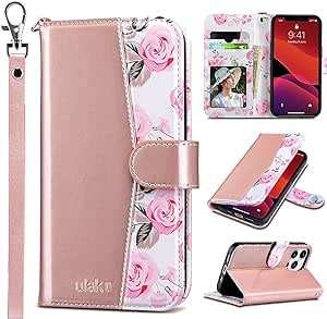 ULAK Compatible with iPhone 13 Pro Wallet Case for Women, Premium PU Leather Flip Cover with Card Holders, Kickstand Feature Folio Purse Case for iPhone 13 Pro 6.1 Inch, Pink Flower