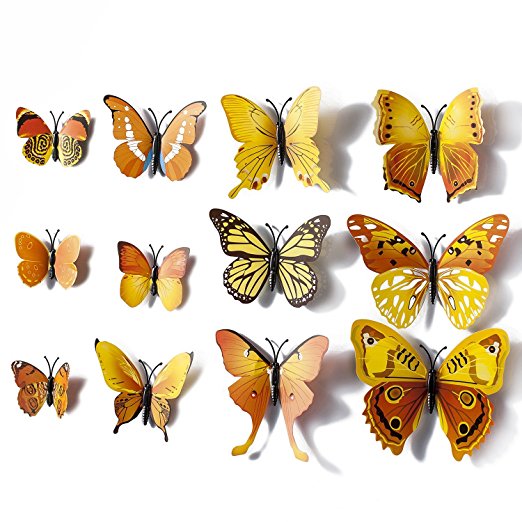 Fu Store 12pcs 3D Butterfly Stickers Making Stickers Wall Sticker Art Decor Decals (Yellow)