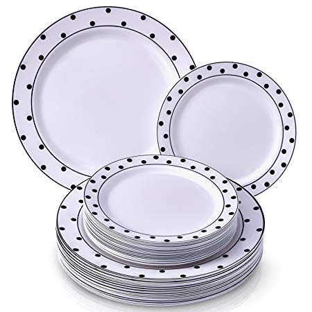 PARTY DISPOSABLE 40 PC DINNERWARE SET | 20 Dinner Plates and 20 Salad or Dessert Plates | Heavyweight Plastic Dishes | Elegant Fine China Look | for Upscale Wedding and Dining (Dots– Black/White)