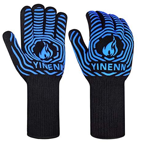 YINENN BBQ Grill Gloves with 932°F Heat Resistance and Insulated Silicone for Barbecue with Grilling,Smoker,Cooking and Oven,Baking,Fireplace,Frying and Kitchen-1 Pairs (13.5''XL)-Blue