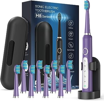 Sonic Electric Toothbrush for Adults and Kids - Sonic Toothbrushes with 8 Brush Heads, Toothbrush Holder and Travel Case, One Charge for 120 Days (Purple)