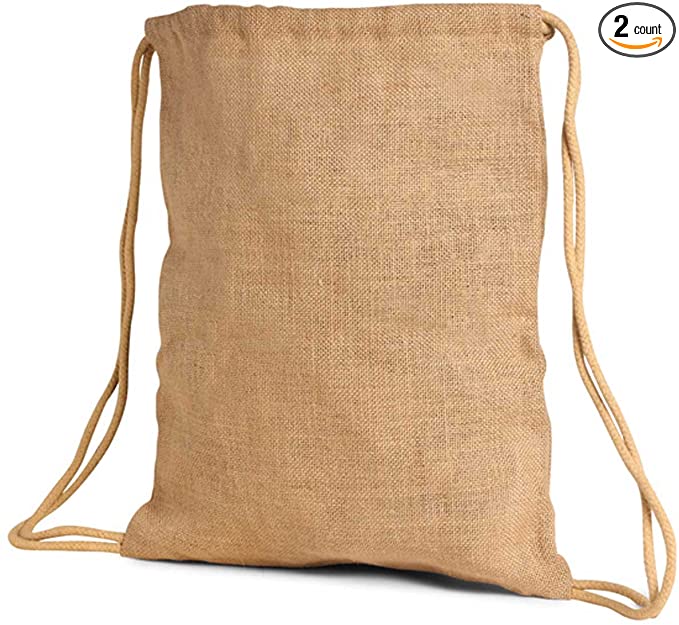 Pack of 2-Unlaminated Natural Jute Burlap Large Drawstring Bag size 14"W x 17.5"H CarryGreen Bags