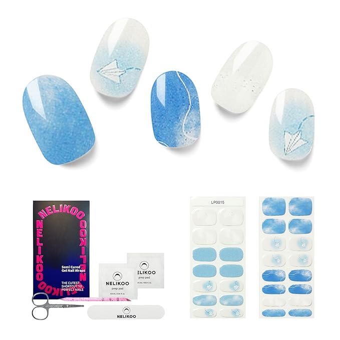 Semi Cured Gel Nail Strips, 30 pcs Gel Nail Stikers, Gel Nail Wraps Semi Cured, Salon-Quality, Easy to Apply, 2 Weeks Long Lasting (Fly to The Sky)