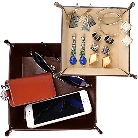 Jewelry Organizer Box PU Leather Valet Tray,Happy David Jewelry Key Trays Set of 2 Two Size(HD001#coffee beige)