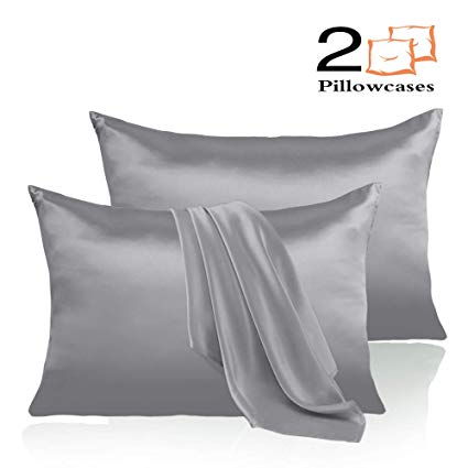 Leccod 2 Pack Silky Satin Pillowcase for Hair and Skin Cool Super Soft and Luxury Pillow Cases Covers with Envelope Closure (Silver Gray, King: 20x36)