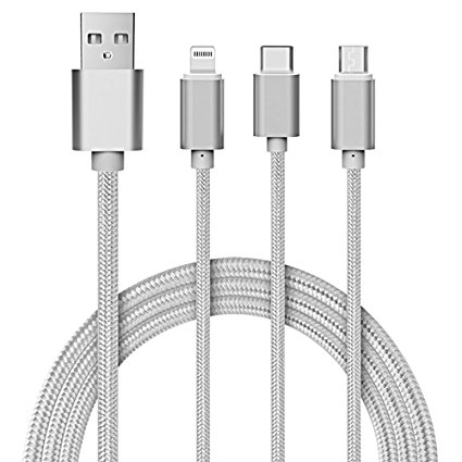 USB cable Premium quality usb charging cable USB 3 in 1 multiple nylon braided fast charging cable USB type c cable 8 pin usb lightning cable micro usb cable For iPhone and Android (Silver)