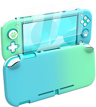 MoKo Protective Case Compatible with Nintendo Switch Lite, PC Protective Case Cover with 4 Thumb Grip Caps & 2 HD-Clear Tempered Glass Screen Protectors, Anti-Scratch Non-Slip Case, Blue   Green