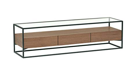 Rivet King Street Industrial Three-Drawer TV Media Console, Walnut, Black Metal, Glass