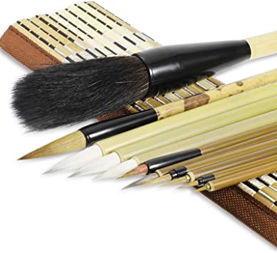 Chinese Calligraphy Brush Writing Brush Set Japanese Sumi Painting Drawing Brushes Kanji Art Brush for Chinese Painting Ink Brush 11 Pieces with Roll-up Bamboo Brush Holder for Beginner