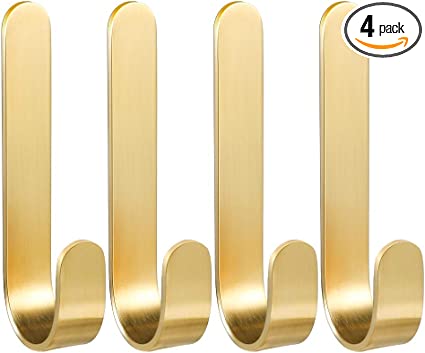 Picowe 4 Pack Brass Hooks, L-Shaped Towel Robe Hook on Wall Door, Self-Adhesive Holders for Hanging Coat Hat for Kitchen Bathroom Bedroom, for Door Wall Decoration, 0.5 x 3inch