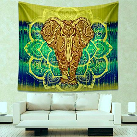 Popular Hippie Mandala Bohemian Psychedelic Intricate Floral Design Indian Bedspread Magical Thinking Tapestry (M, yellow elephant)