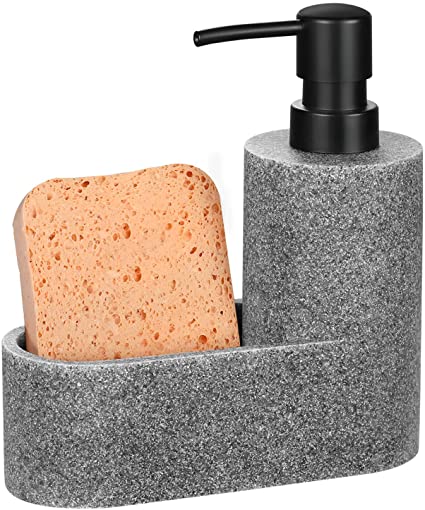 MoKo Liquid Soap Dispenser with Sponge Holder, Dish Soap Dispenser Pump Bottle with Brush Holder for Kitchen Bathroom Counter-top Sink Scouring Pad Storage and Organization, Gravel Gray