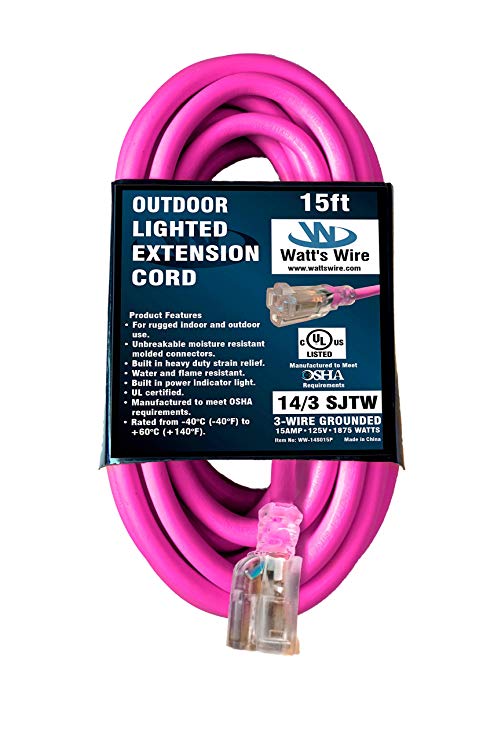 15 ft 14 Gauge Heavy Duty Indoor Outdoor SJTW Lighted Extension Cord by Watts Wire - Pink 15 foot 14 AWG Copper Lighted Grounded 14/3 Extension Cord