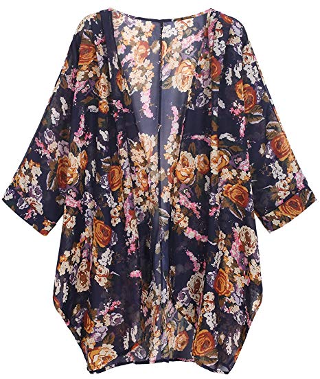 OLRAIN Women's Floral Print Sheer Loose Kimono Cardigan Capes