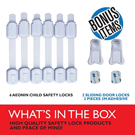 AEONIN Child Safety Locks for Babyproofing Cabinets with Sliding Door Locks and 3M Tapes - Pack of 6