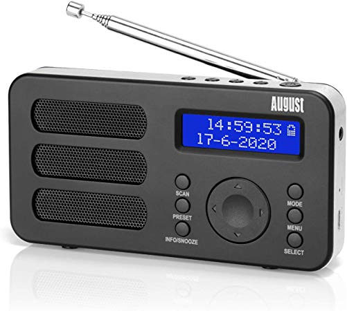 August MB225 Portable Digital Radio - DAB/DAB  /FM - RDS Function, 40 Presets, Stereo/Mono Portable Radio, Dual Alarm, Rechargeable Battery, Headphone Jack