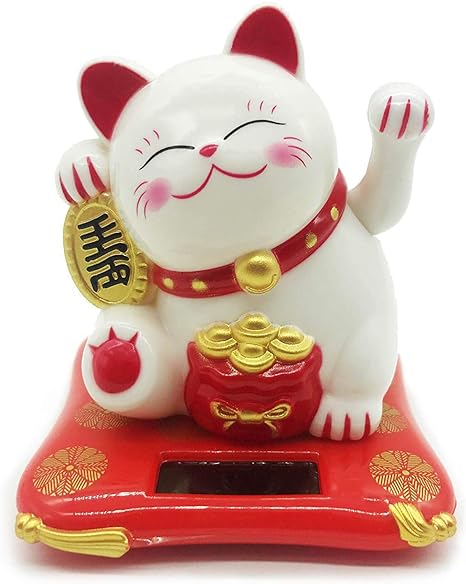 Cafolo Solar Energy Powered White Maneki Neko Beckoning Lucky Money Cat for Home Office and Car décor