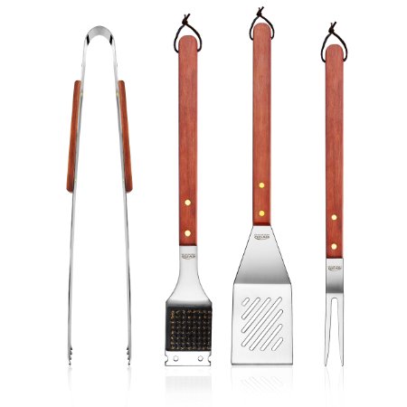 New Star Foodservice 59007 Stainless Steel Barbecue Tool Set with Solid Hard Wood Handles, Set of 4