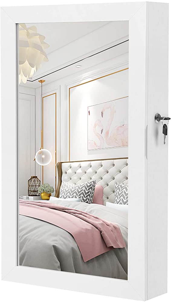 SONGMICS Lockable Jewelry Cabinet Armoire, Wall-Mounted Organizer with Mirror, White UJJC51WT