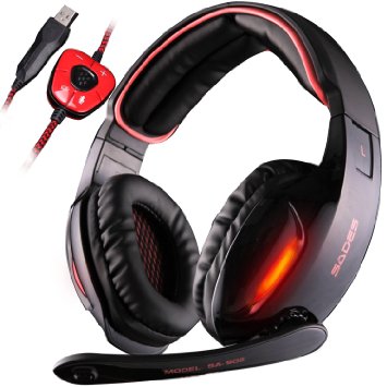 SADES SA902 7.1 Surround Sound Stereo Pro PC USB Gaming Headsets Headband Headphones with Microphone Deep Bass Over-the-Ear Volume Control LED Lights For PC Gamers(Black)