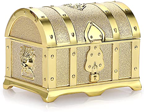 Hipiwe Vintage Metal Jewelry Box Treasure Trinket Chest,Smal Ring Earrings Necklace Keepsake Gift Holder Case for Girls Ladies Women, Gold,Small