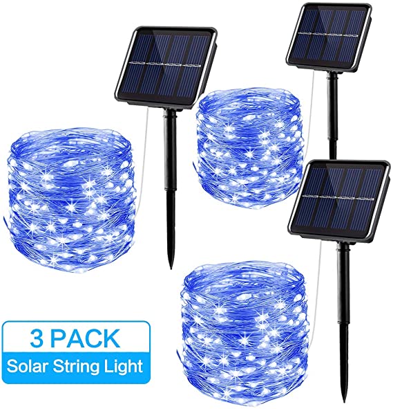 Solar String Lights Outdoor,3 Pack 33FT 100 LED Silver Wire Waterproof Solar Fairy Lights with 8 Modes for Patio Yard Decor, Dusk to Dawn Auto On/Off (Blue)