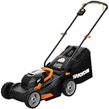 Worx WG743 40V PowerShare 4.0Ah 17" Lawn Mower w/Mulching & Intellicut (2x20V Batteries),Black and Orange