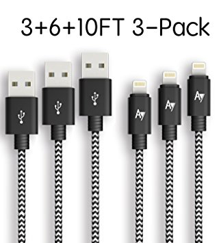 AYIPE USB to iPhone Lightning Cable for iPhone 7/7 Plus/6/6 Plus/6S/6S Plus,SE/5S/5,iPad,iPod Nano 7 [3-Pack] - 3.3 6.6 10 Feet (1 2 3 Meters) - BlackWhite - Nylon Braided