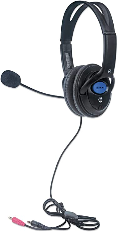 Manhattan Stereo Headset — Lightweight Over-Ear Design, 6 ft. (1.8 m) Connecting Cable and Two 3.5 mm Plugs for Audio and Built-in Adjustable Microphone