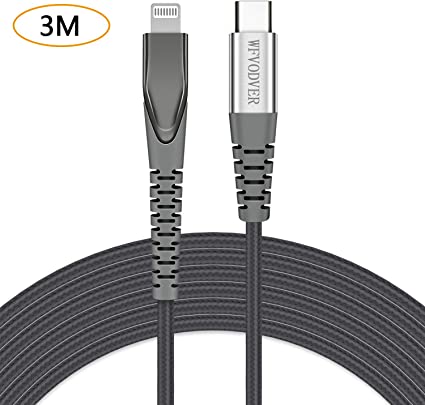 WFVODVER USB-C to Lightning Cable Apple MFI Certified 10FT/3M Nylon Braided Fast Charging Cable Compatible with iPhone 11/11Pro/11 Pro Max/X/XS/XR/XS MAX (Grey)