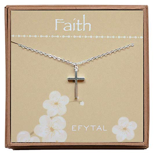 EFYTAL Sterling Silver Cross Necklace on Faith Card, First Communion Gift, Simple Confirmation Gifts for Religious Girl, Quinceañera Present