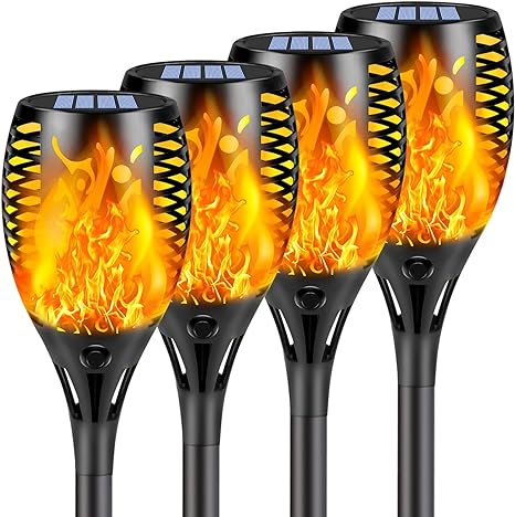 Upgraded 4 Pack Super Larger Size Solar Flame Torch Extra Bright Solar Lights Outdoor Decorative with Flickering Flame, Solar Outdoor Lights Waterproof for Garden Pathway Yard Party, Auto On and Off