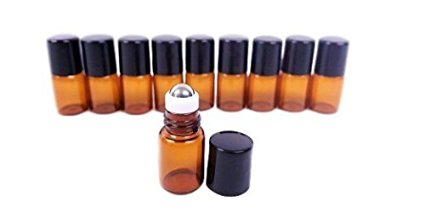Got Oils® PACK OF 10 AMBER 5/8 DRAM GLASS SAMPLE ROLLER VIALS WITH STAINLESS STEEL ROLLER