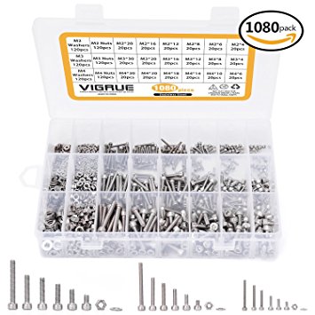 304 Stainless Steel Screw and Nut 1080pcs, M2 M3 M4 Hex Socket head Cap Screws Assortment Set Kit with Storage Box，Three Hex Wrenches Included