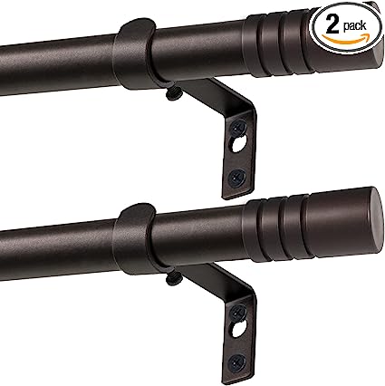 KAMANINA 2 Pack Curtain Rod 28 to 48 Inches, 3/4 Inch Bronze Single Curtain Rods for Windows 16 to 44 Inches, Telescoping Drapery Rod with Cap Finials