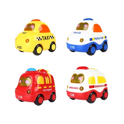 SainSmart Jr. 4 Set Push and Go Mini Car, Friction Powered, Screen Button for Light and Music, Police Car, Fire truck, Ambulance, Taxi